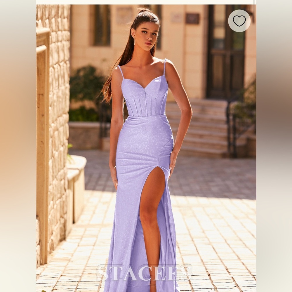 Elegant Lavender Sheath V Neck Glitter Jersey Fitted Corset Slit Prom Dress